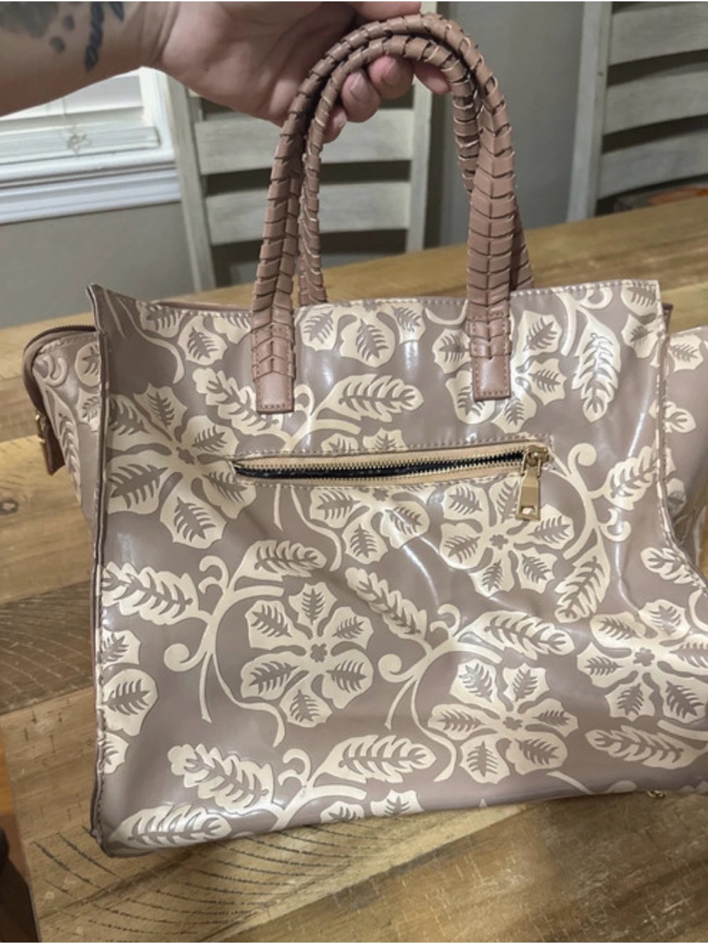 Moda Luxe Taupe Floral Patent Tote with Cream Print